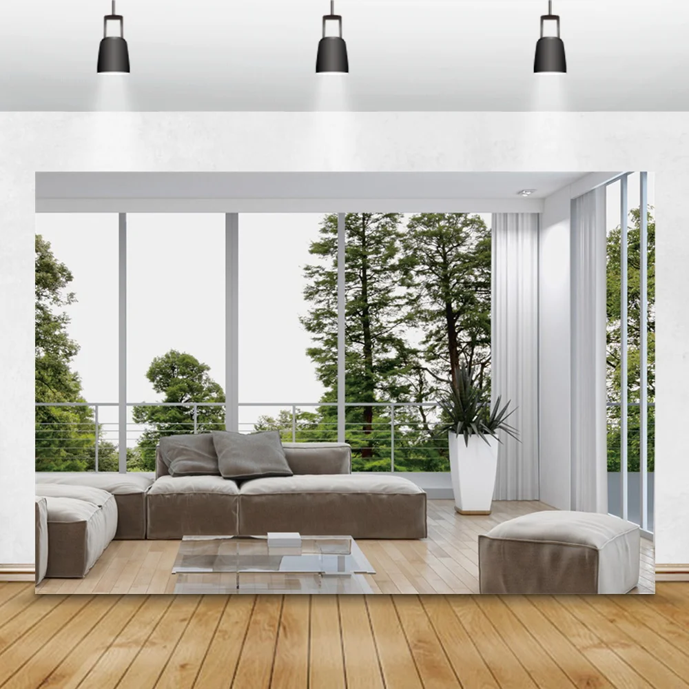 Laeacco Modern Living  Room Sofa Window Trees Sea View Photography Backgrounds French Room Interior Photo Backdrops Photo Studio