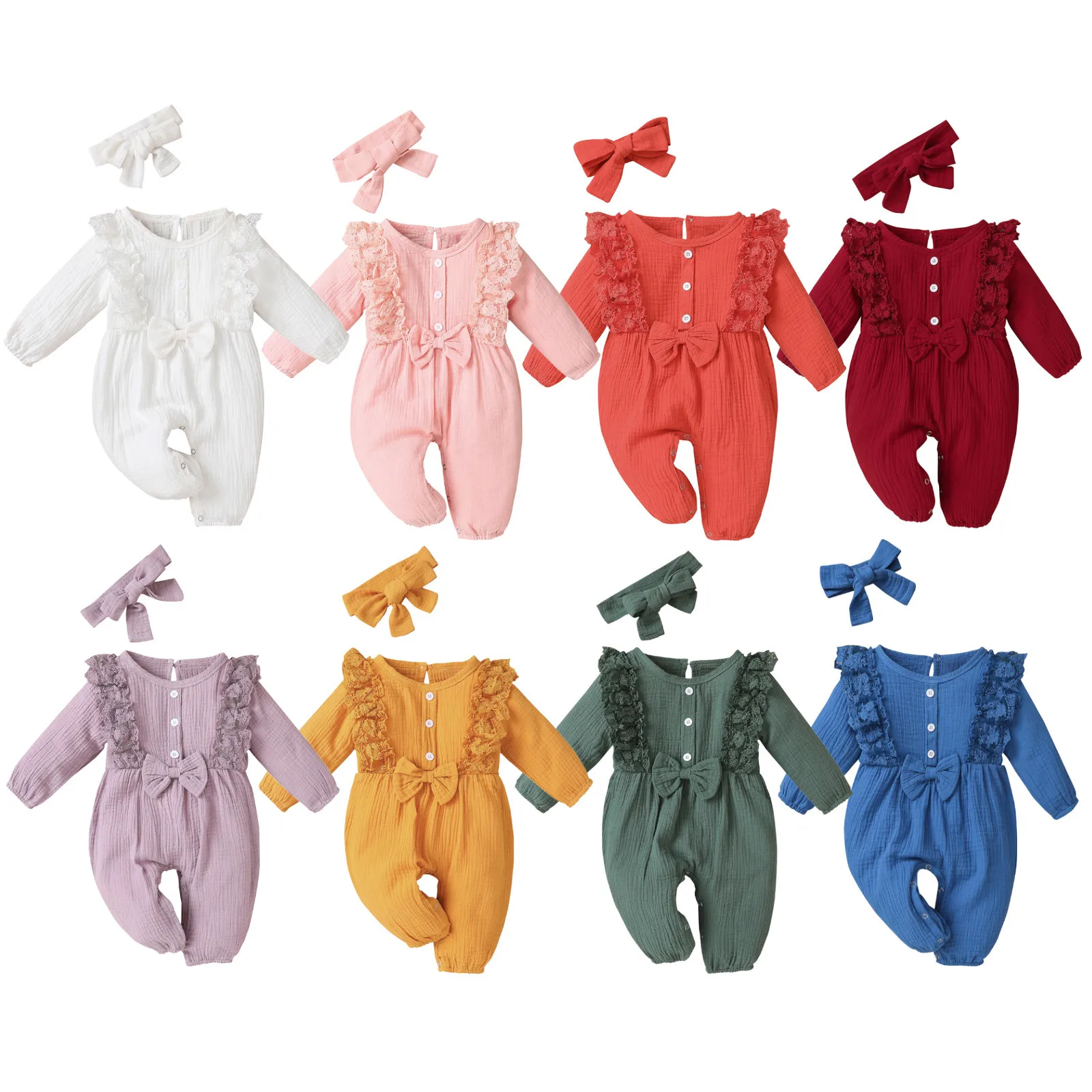 Newborn Baby Girl Romper Infant Winter Clothes Cotton Linen Jumpsuit +Bow Headband Baby Outfits Autumn Girl Clothing Sets 0-18M