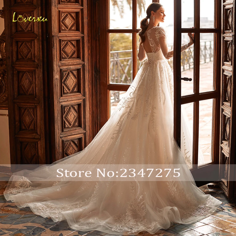 Loverxu A-Line Luxury Wedding Dresses O-Neck Long Sleeve Vestido De Novia Lace Appliques Vintage Custom Made Robe De Mariee