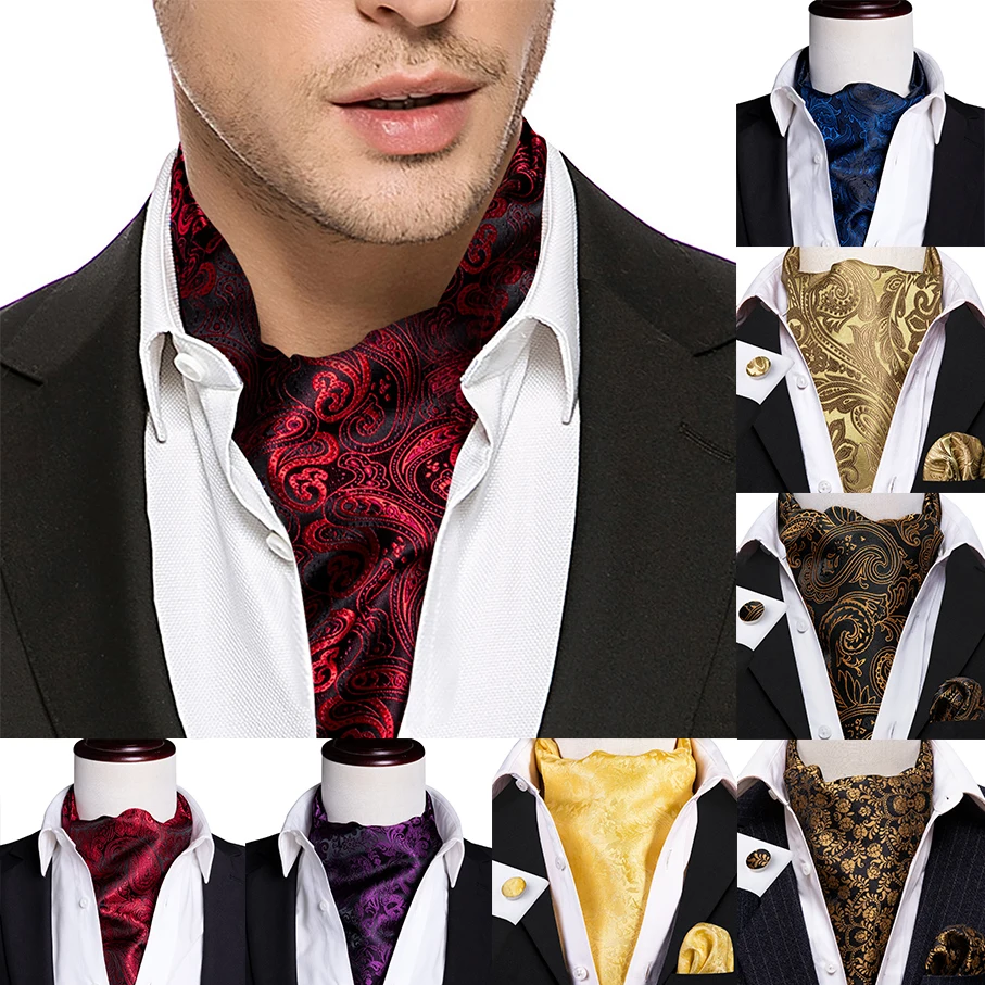 Corbata de seda Ascot para hombre, traje de bufanda, ropa de cuello para hombre rojo vino, conjunto de Jacquard, gemelos cuadrados de bolsillo a la