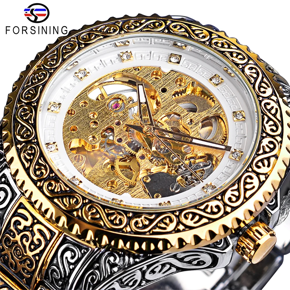 Forsining Diamond Mens Watches Skeleton Automatic Wristwatch Stainless Steel Mechanical Outdoor Watch Golden Mekaniska Klockor