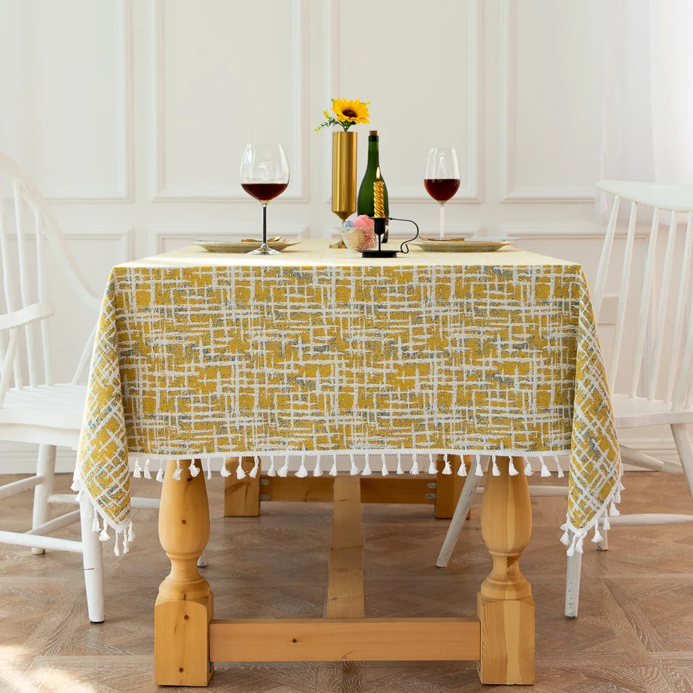 Party Table Cover Dustproof Tassel Tablecloth Wrinkle-resistant Linen Washable Kitchen Restaurant Cotton Linen Table Decoration