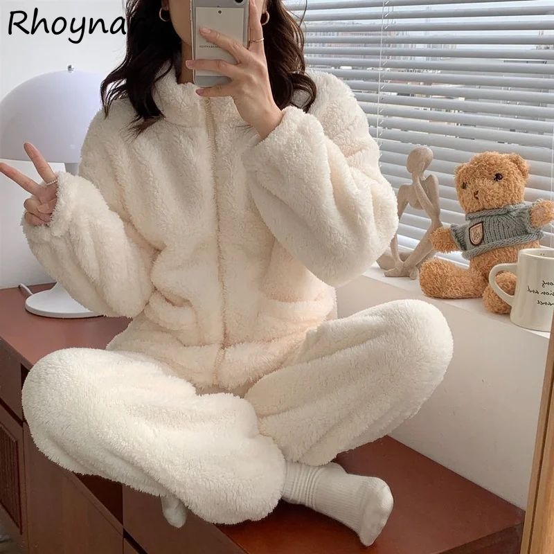 Pajama Set Women Sweet Turtleneck Sleepwear Solid Students Homewear Cozy All-match Winter Thicken Warm Female Casual Korean Chic