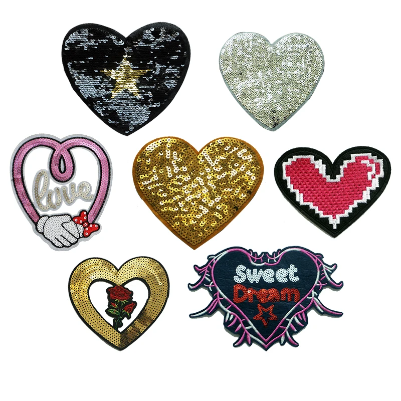 

DIY Embroidery Patch Sequin Gold Black And White Clothes Heart Iron Hot Sticker Embroidery Badge Washable Heat Conduction