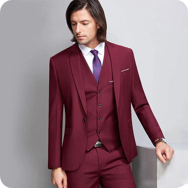 New Arrival  Groom Tuxedo Burgundy Men Suits Wedding Suit Man Blazer Notched Lapel 3 Piece Jacket Pant Vest Terno Masculino