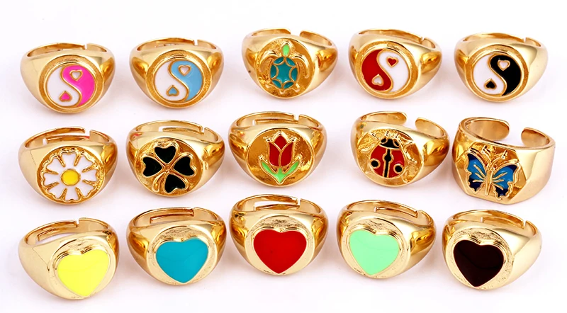 Daisy Flower Ladybug Butterfly Heart Taiji Clover Finger Ring Antique Grandma\'s Women\'s Adjustable Ring Girl Party Jewelry P32