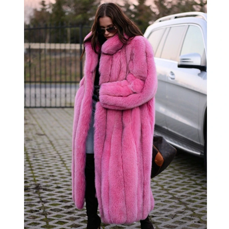 110cm Long Fashion Women Pink Fox Fur Coat Stand Collar Full Pelt Natural Fox Fur Jackets Thick Warm Winter Outwear Fur Coats