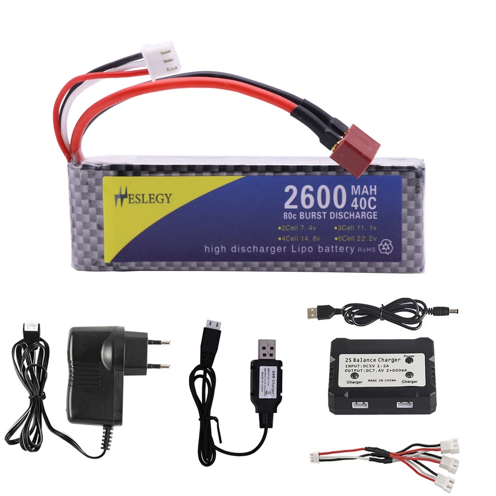 7.4V 2600mah Battery with Charger set For Wltoys 144001 remote control Cars Toys accessories 7.4V high capacity battery T Plug