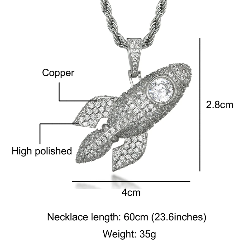 Hip Hop Iced Out Cubic Zircon Bling CZ Rocket Pendants & Necklaces For Men Jewelry With Tennis Chain