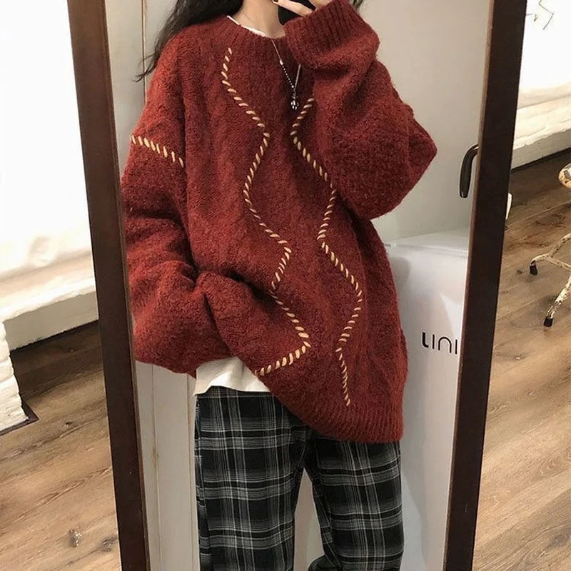 Twisted Sweater Women Christmas Vintage Chic Burgundy All-match Korean Fashion Girls Knitwear Long Sleeve Autumn Lovely Pullover