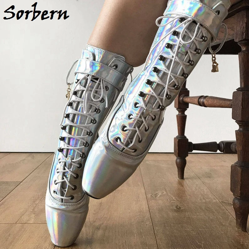 Sorbern Ballet Pointe Boots Sliver Holographic Rainbow  Ankle Boots For Womens Dancer Boots Plus Size High Heels