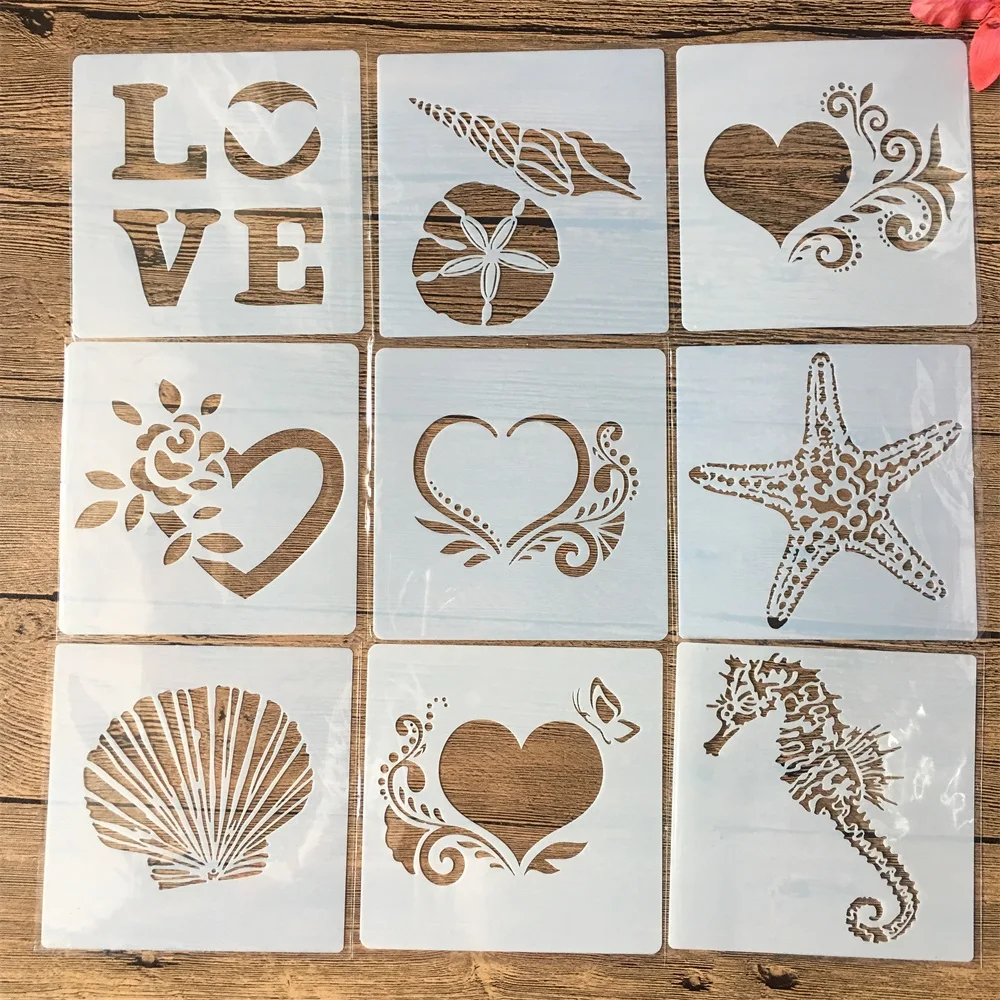 

9Pcs/Set 13cm Shell Love Hippocampus DIY Layering Stencils Painting Scrapbook Coloring Embossing Album Decorative Template