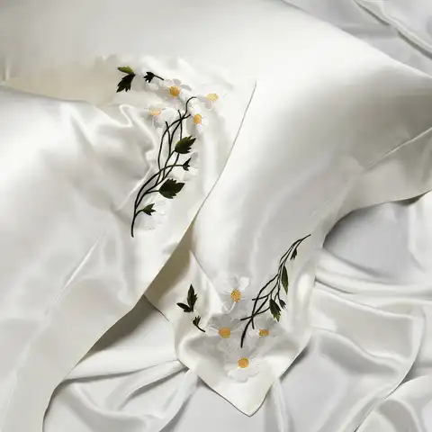 DISANGNI 100% Pure Mulberry Silk Pillowcase for Hair and Skin, Natural Silk with Floral Embroidery, Soft and Breathable Luxury P