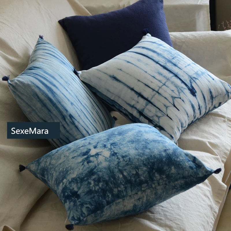 30x45/40x40/45x45 handmade tie dye cushion cover sofa blue cotton linen pillowcase decorative pillow cover waist pillow case