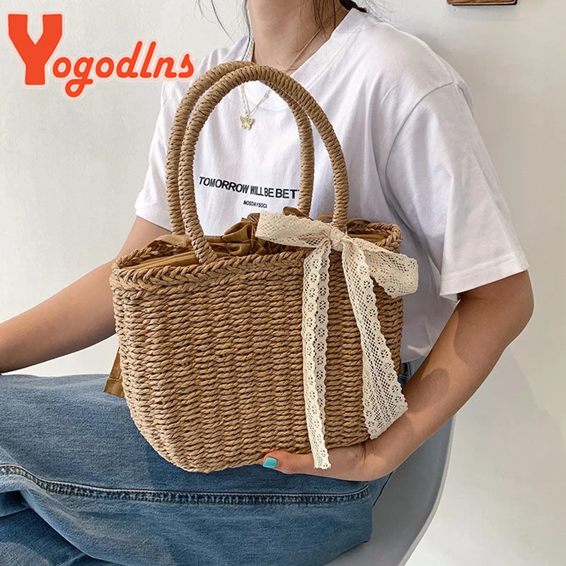 Yogodlns borsa di paglia di pizzo estivo caldo borsa da donna con manico in Rattan di moda borsa a mano in tessuto borsa da spiaggia per donna da