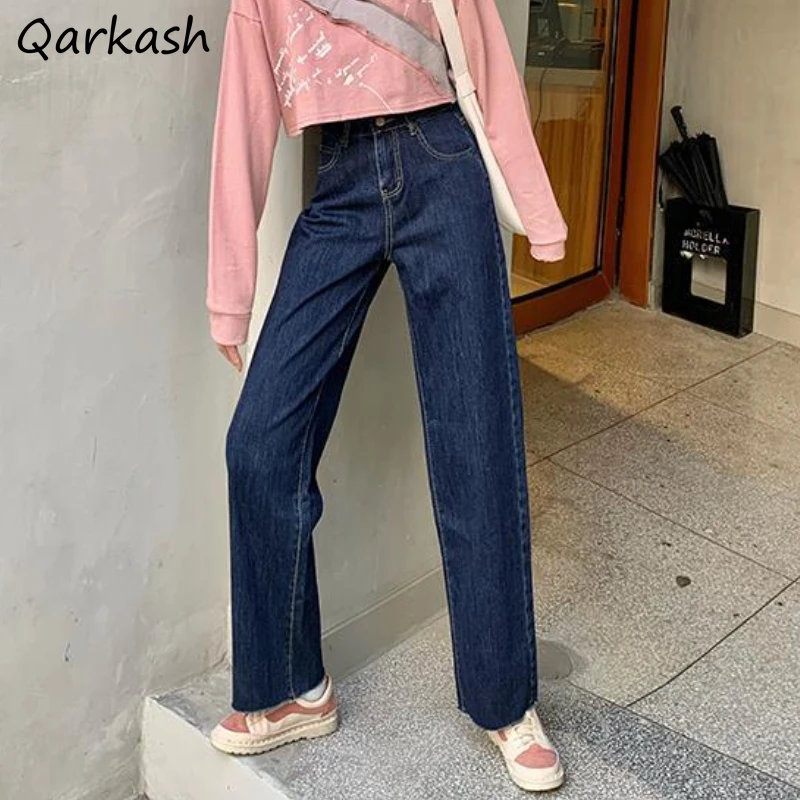 

Jeans Women Vintage Pockets Full-length Loose All-match Solid Simple Straight Tender Spring Students Streetwear Ulzzang Fashion