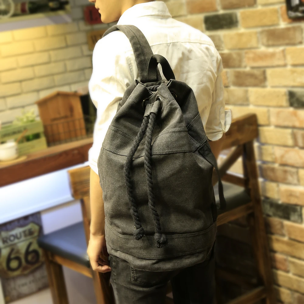 Mochila de gran capacidad con cordón para hombre, bolso de cubo de lona, escolar, conciso, a la moda, Unisex