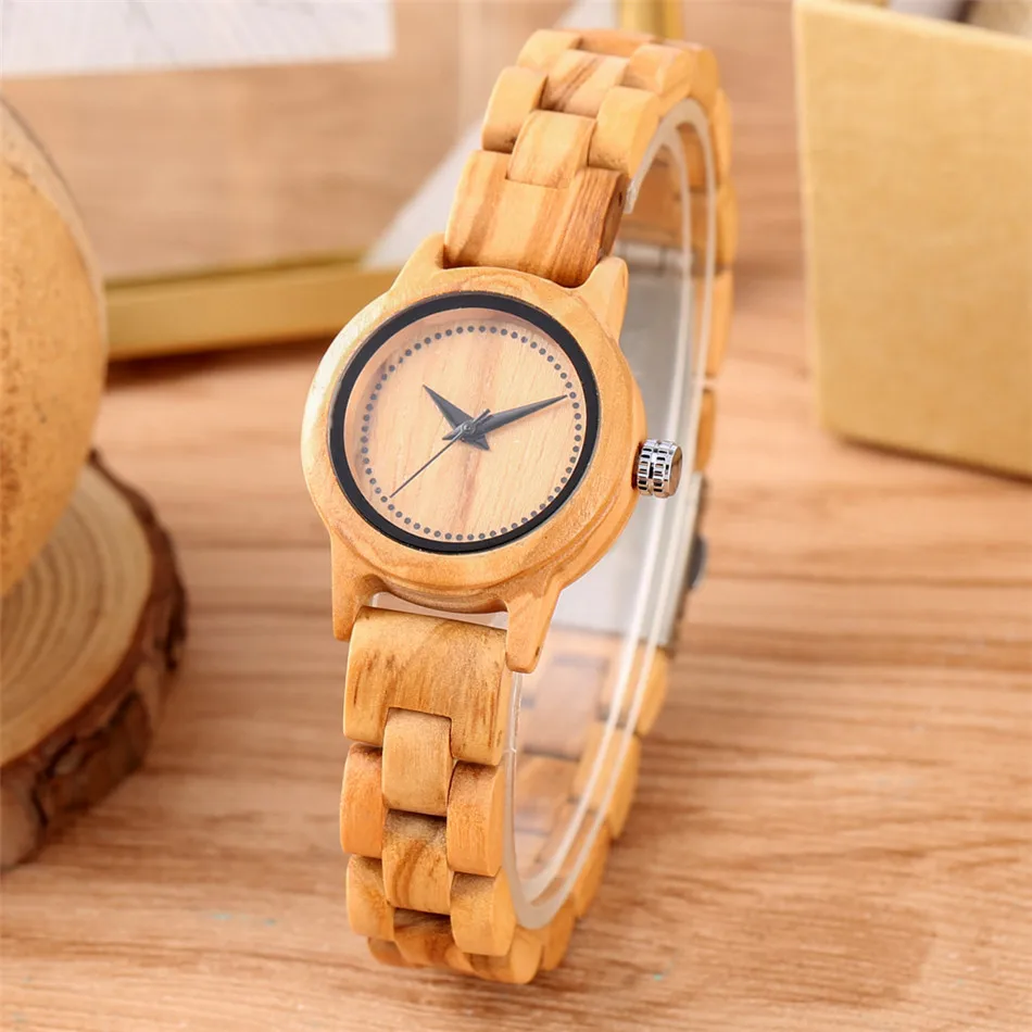 Slim Wooden Bangle Watch Quartz Women's Wristwatch Black Dots Analog Minimalist Dial Full Wood Female Bracelet Watches Gifts