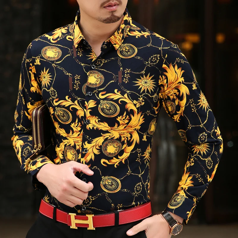 

Slim Mens Fit Print Party Club Shirt Fashion Black Gold Formal Pattern Long Sleeve Business Casual Shirts Spring Summer Thin