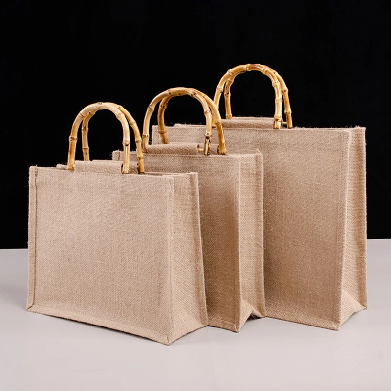 Portable Burlap Jute Shopping Bag Handbag Bamboo Loop Handles Reusable Grocery Bags