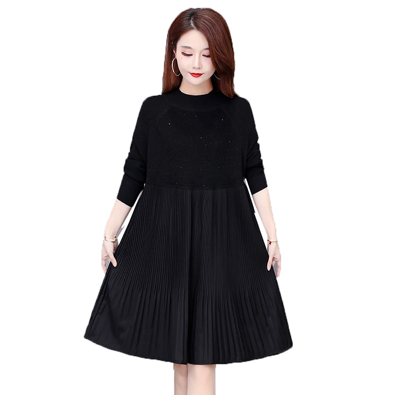 Fashion Black Ladies Dress Spring Autumn Splicing Knit Dresses Loose casual Sweater Bottoming Shirt External Wear Female W332