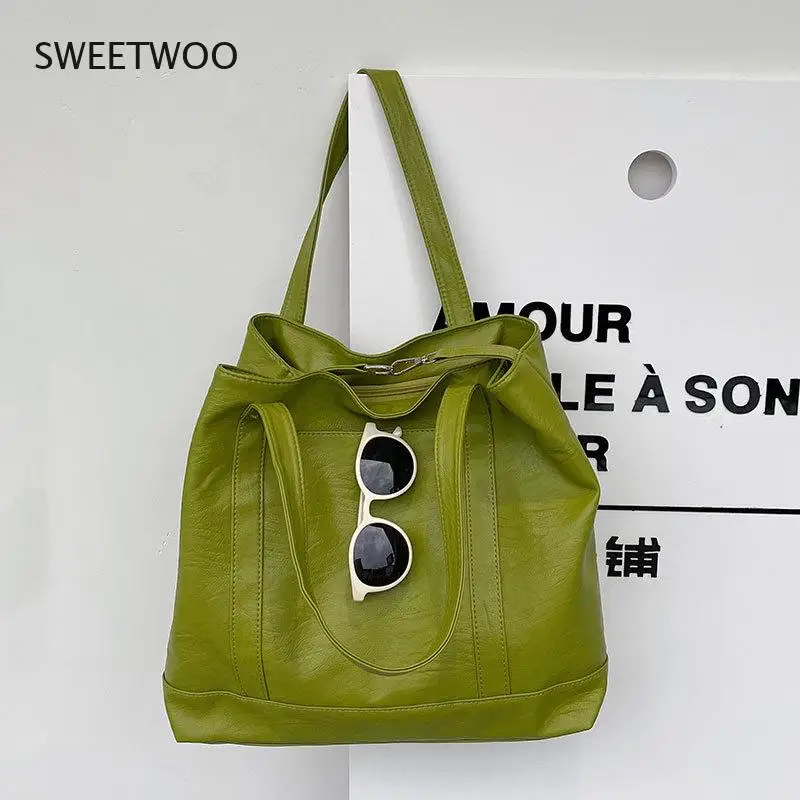 Women Large Soft Tote Bag Faux Leather Shoulder Bag Green White Brown Summer 2021