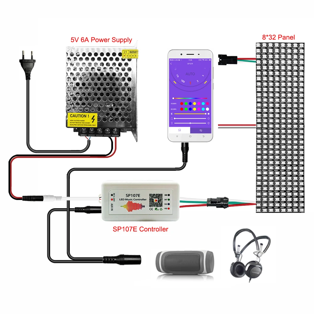 WS2812B Layar Panel Dapat Dialamatkan Secara Individual dengan SP107E Pengendali Bluetooth Musik DC5V Kit Daya 8X8 16X16 8X32 AU EU US UK