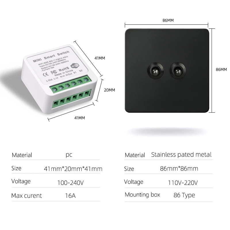 Avoir Tuya Smart Light Switch Smart Home Control Wall Toggle Switch Electrical Socket Mini Wifi Module Black Wireless Switch 16A