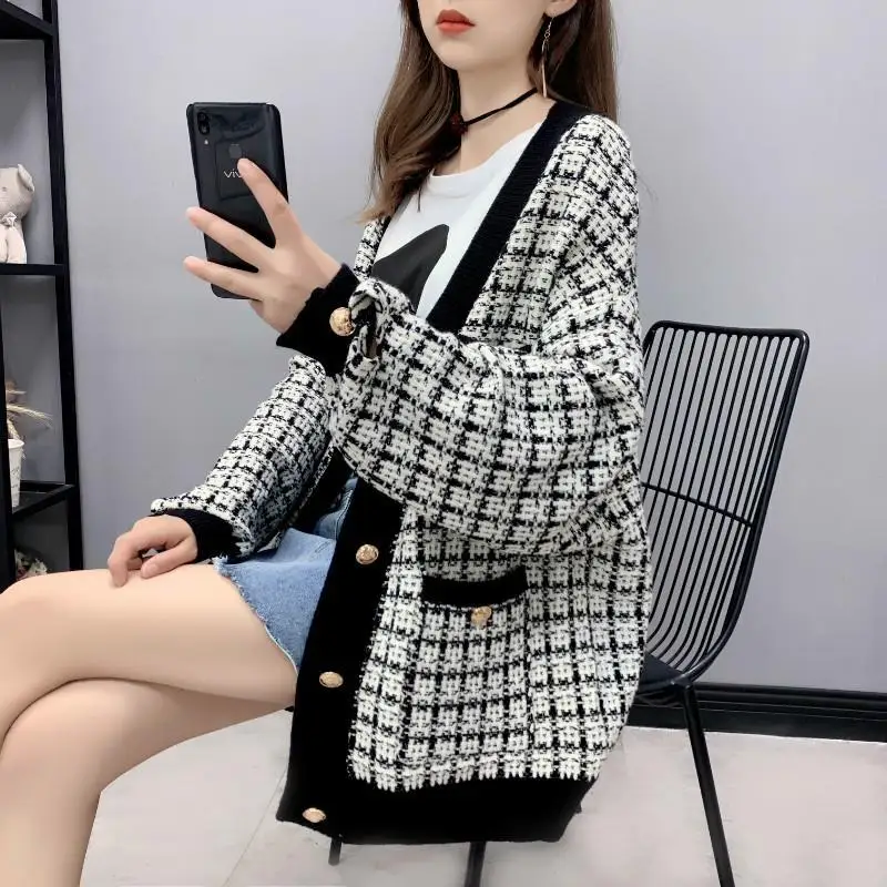 

Black Plaid Knit Cardigan Button Harajuku Women Knitted Sweater Fashion Casual Autumn Winter Sweater Oversized Cardigans