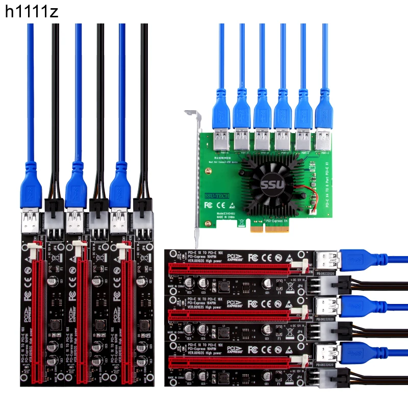 PCIE Riser PCI-E 1 to 6 Riser Card 103S Cabo Riser PCI Express x16 Extender 0.6M USB 3.0 Cable SATA to 6Pin Power for Video Card