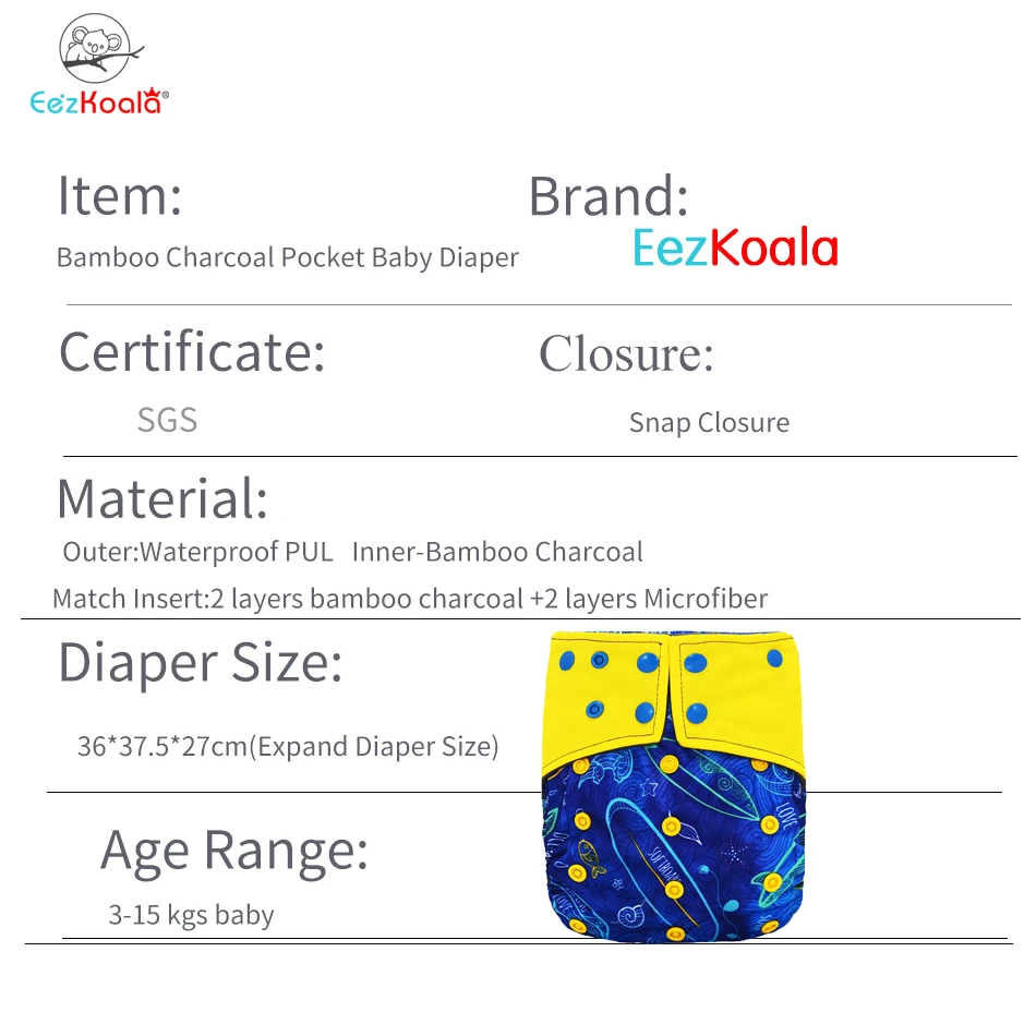 EezKoala Bamboo Charcoal Pocket Diaper Baby Washable Reusable Eco-Friendly Diapers Diaper Cover Pocket Modern Cloth Diapers