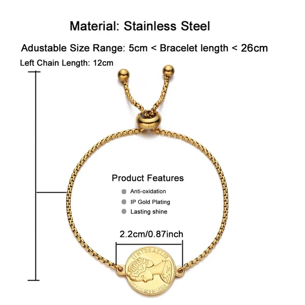 MinaMaMa Adjustable Stainless Steel Statue Coin Charm Bracelets Women New Trendy Coin Hand Chain Jewelry Gifts