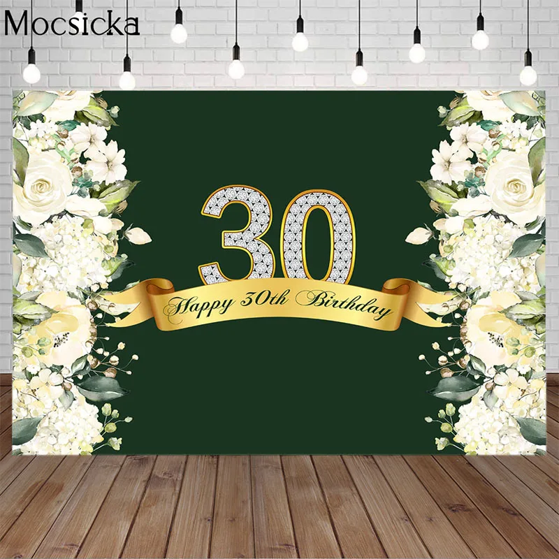 

Mocsicka Dark Green Happy Birthday Party Backdrop 30 40 50 60 White Flower Banner Decorations Photography Background Photo Booth