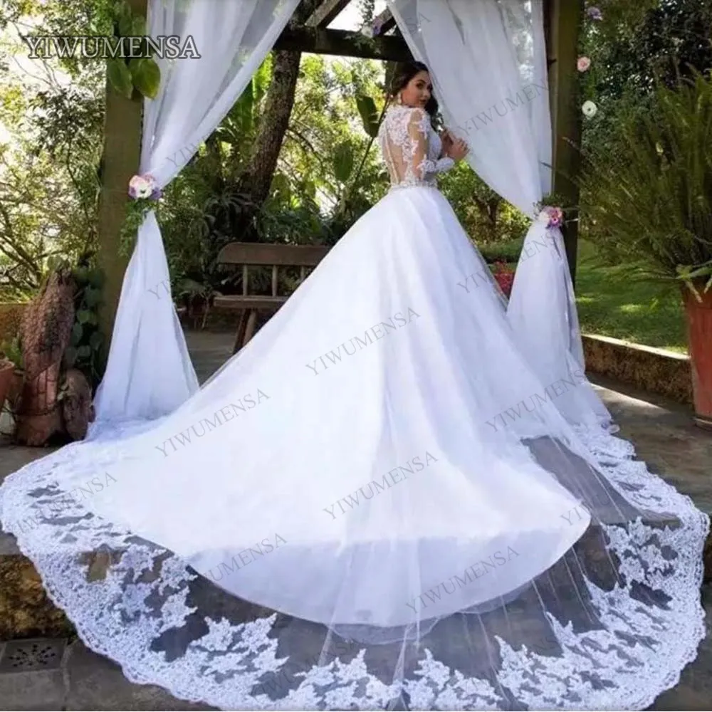 Abito da sposa Sexy da principessa illusione abiti da sposa pelle di boemia Tulle maniche lunghe Appliques di pizzo abito da sposa Robe De matrimonio