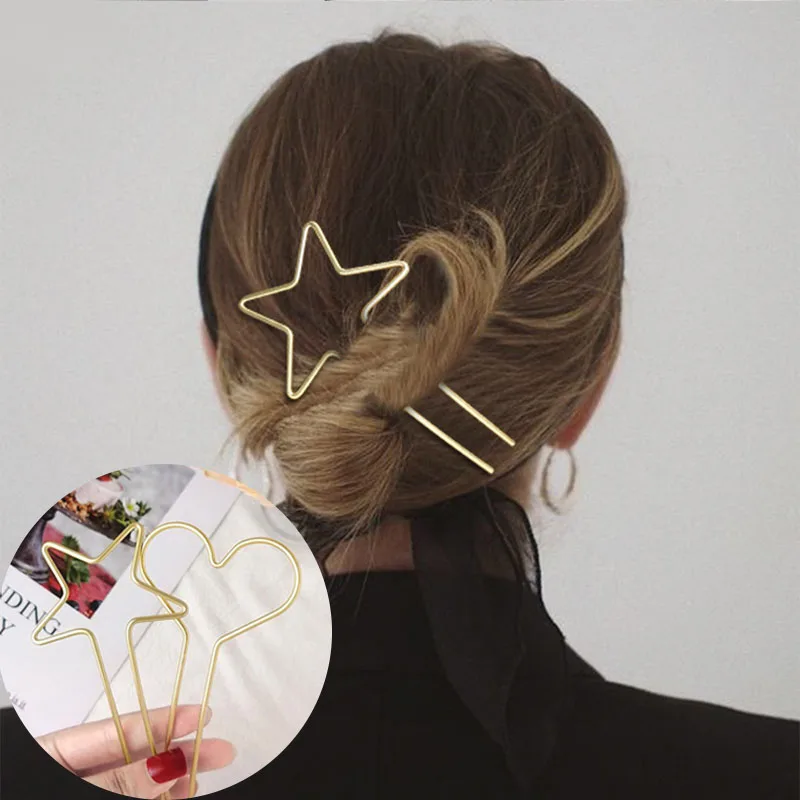 

Simple Star Love Heart Hair Sticks For Women Fashion Geometry Metal Hair Clips Girl Hair Accessories Gold Silver Color Hairpins