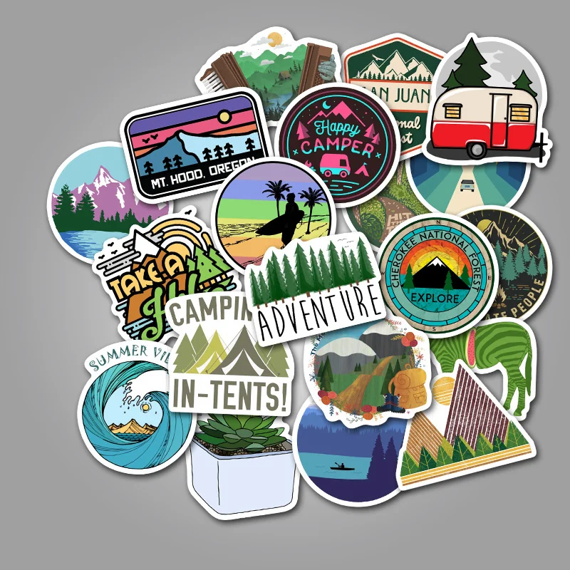 50Pcs Adventure Camping Stickers Outdoor Landscape Climbing Travel Waterproof Sticker for Luggage Suitcase Bicycle Decor