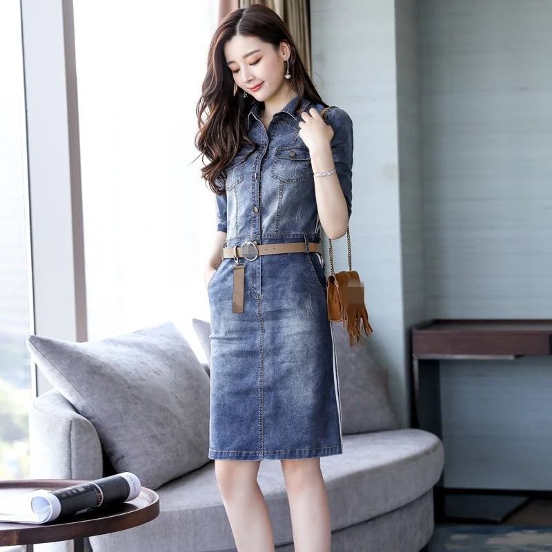 Office Casual Lady A-Line Denim Dress Single Breasted Half Sleeve Short Dress British Style High Waist Slim Fit Midi Dress