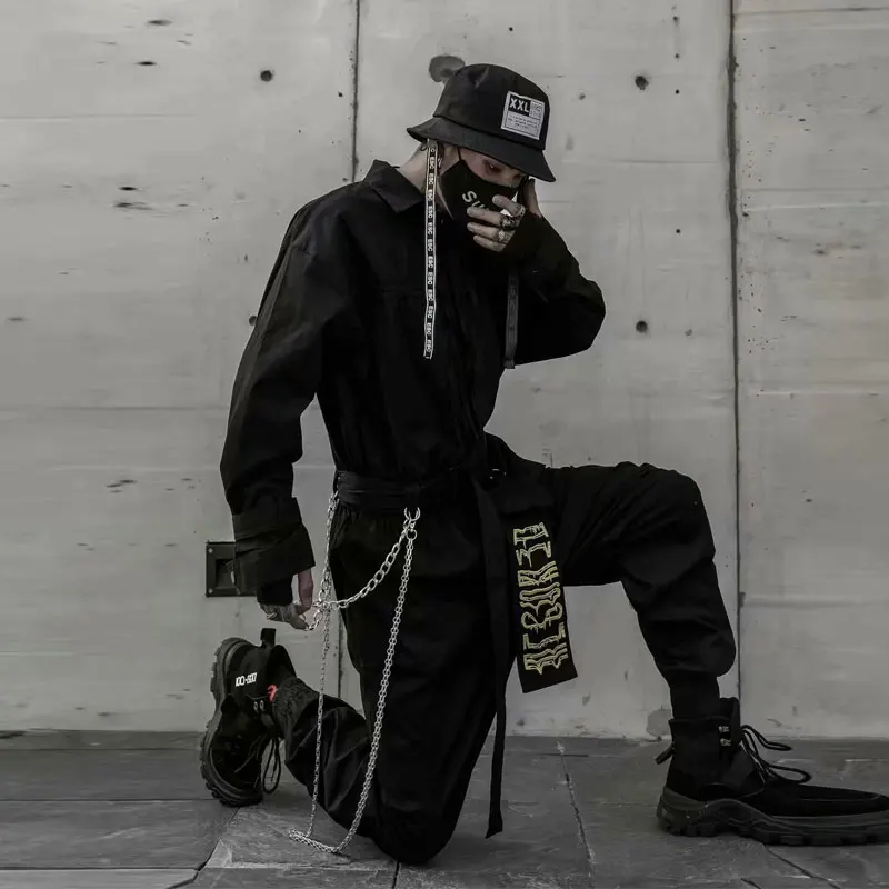 Manga longa gola hip hop japonês retro masculino terno macacão macacão 2020 cor sólida seção fina impressão preto azul macacão