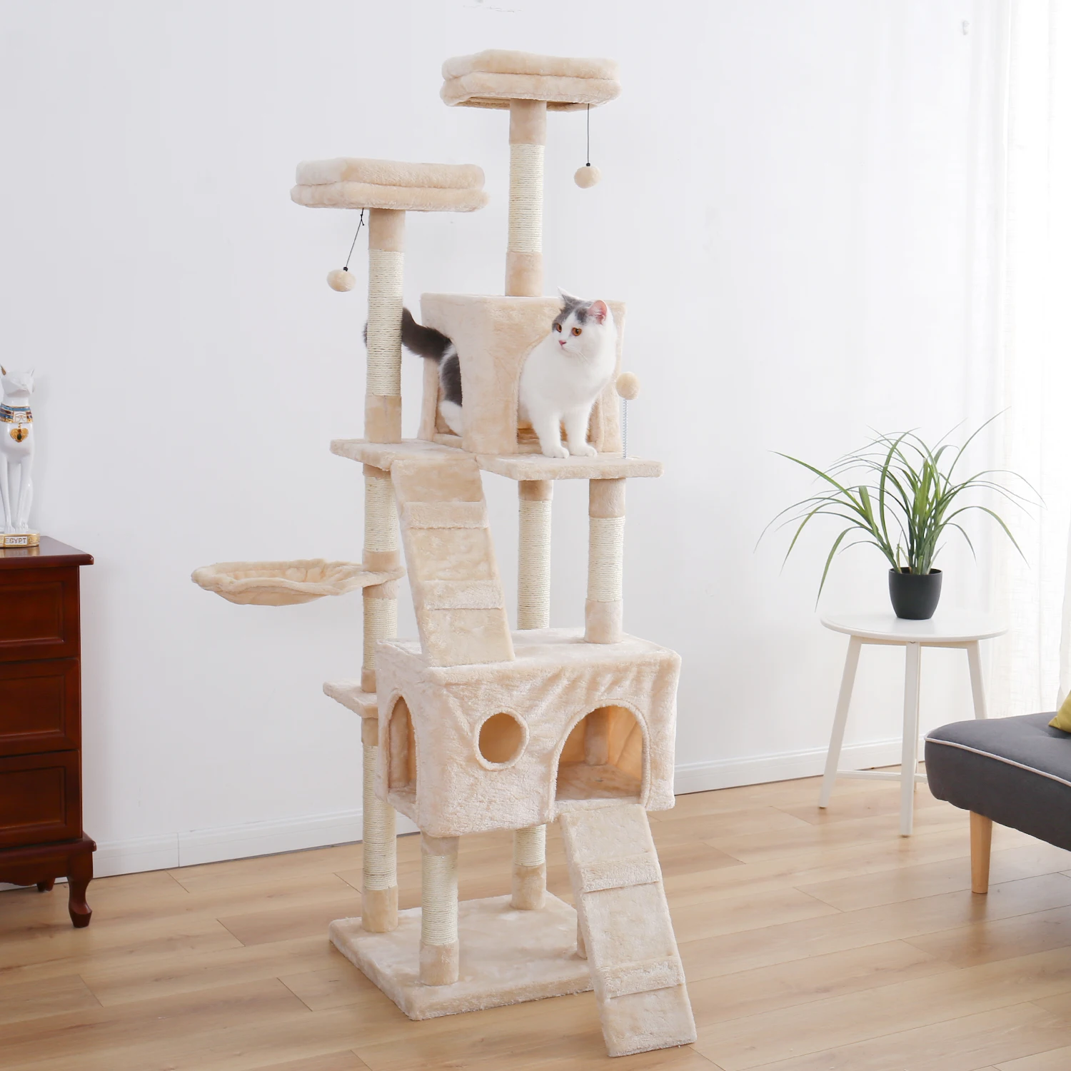 Domestic Shipping Pet Cats Tree House with Hanging Ball Cat Toy Furniture Scratch Solid Woods for Cats Climbing Frame Cat Condos