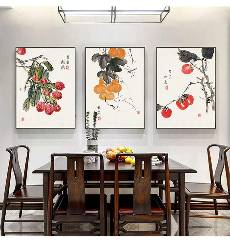 Traditional Chinese Style Ink Fruits Food Canvas Painting Retro Posters And Prints Watercolour Wall Art Picture For Kitchen Room