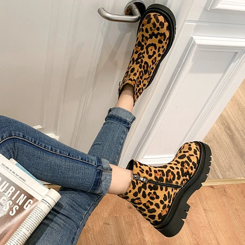 Fashion Chunky Platform Boots Women Autumn Winter Thick Bottom Short Boots Woman High Quality Leopard Print  Botas D-217