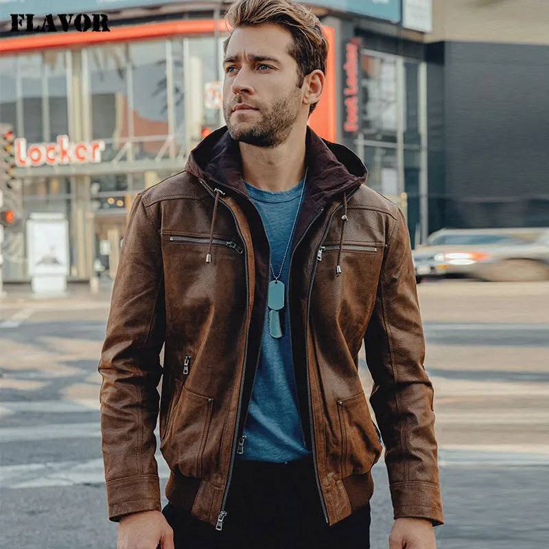 FLAVOR Men's Brown Leather Jacket Genuine Leather Men Motorcycle With Removable Hood Warm For Men
