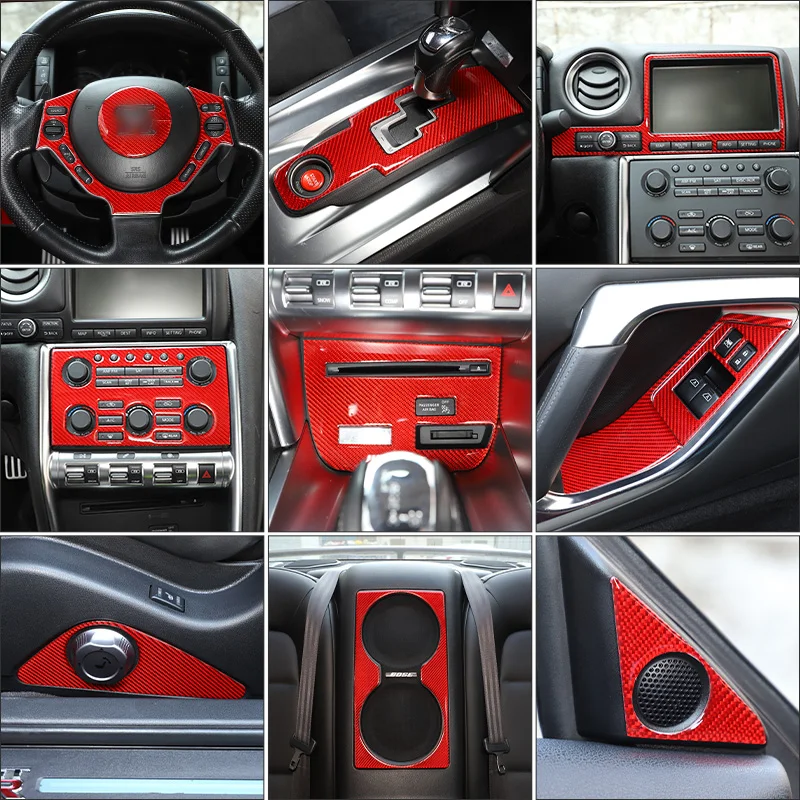 لنيسان GTR R35 2008-16 ملصقات لوحة التروس المخصصة لينة ألياف الكربون الأحمر ديكور السيارات الداخلي تعديل الملحقات