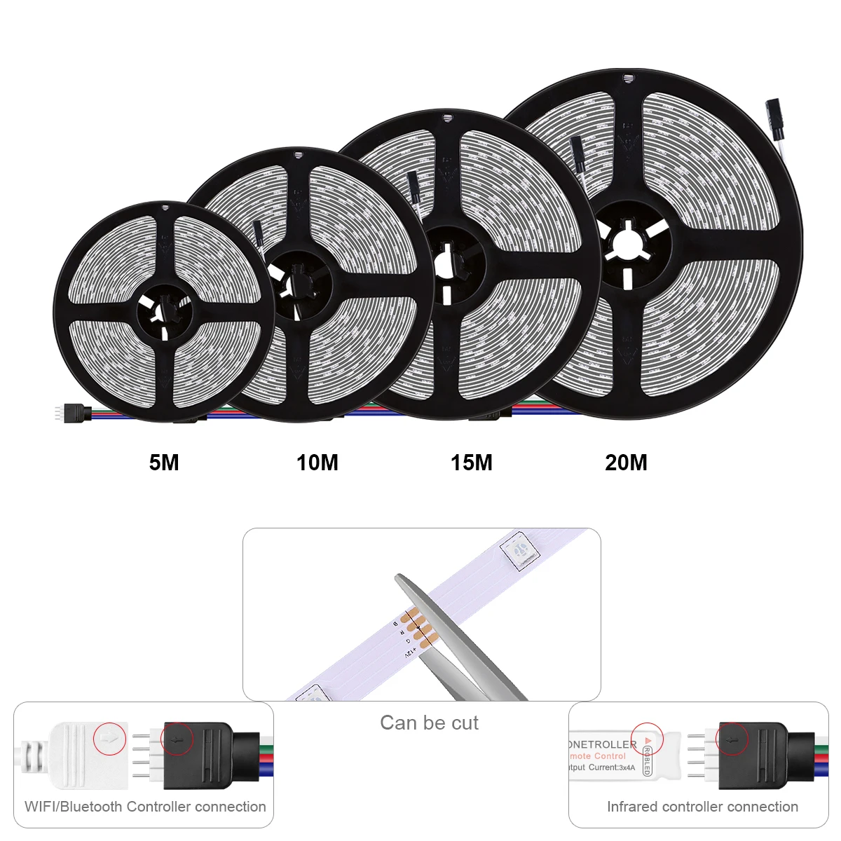 Tuya-Fita LED com controlo remoto, Wi-Fi, Bluetooth, IR, RGB, Fita, Controlo APP, Mudança de cor, Luz de fundo do televisor, 5m, 10m, 15m, 20m