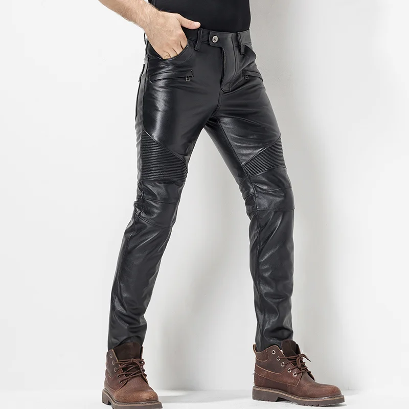 Thicken Windproof Winter New Mens Slim Pants Genuine Leather Cow Male Fashion 2022 Zipper High Quality Brand Pants Plus Size 36