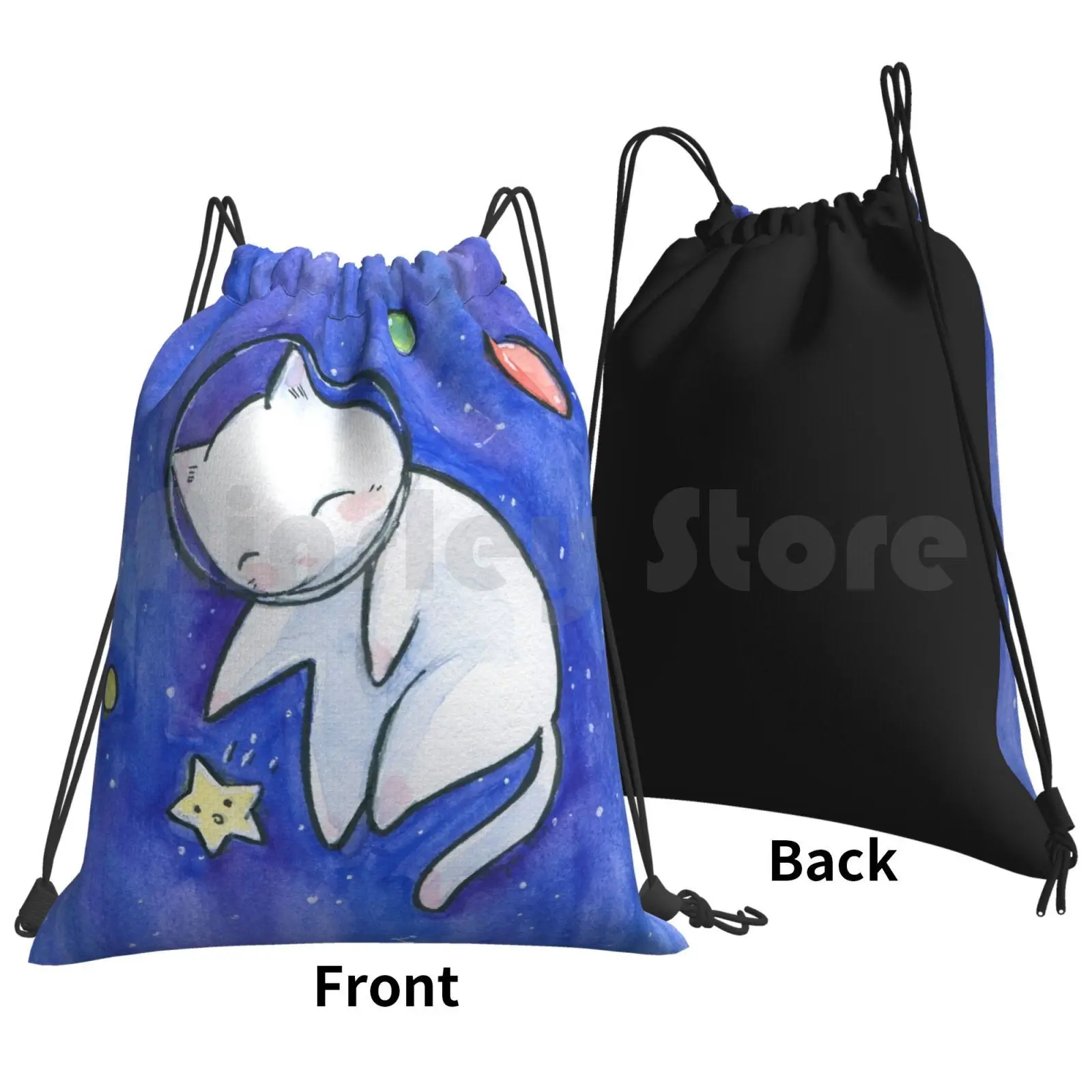 Space Cat Backpack Drawstring Bag Riding Climbing Gym Bag  Cat Kitty Kawaii Manga Anime Cartoon Star Planet Space Galaxy