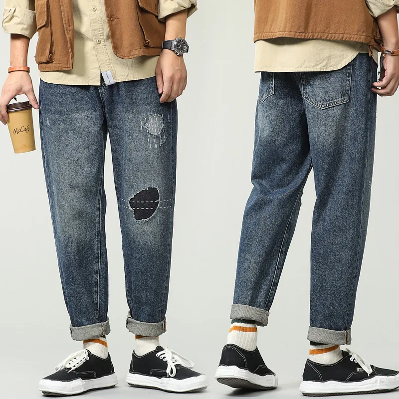 

Vintage Patch Jeans Autumn Casual Men Denim Pants Personality Trendy High Street Hip Hop Japan Style Loose Ankle-Length Trousers