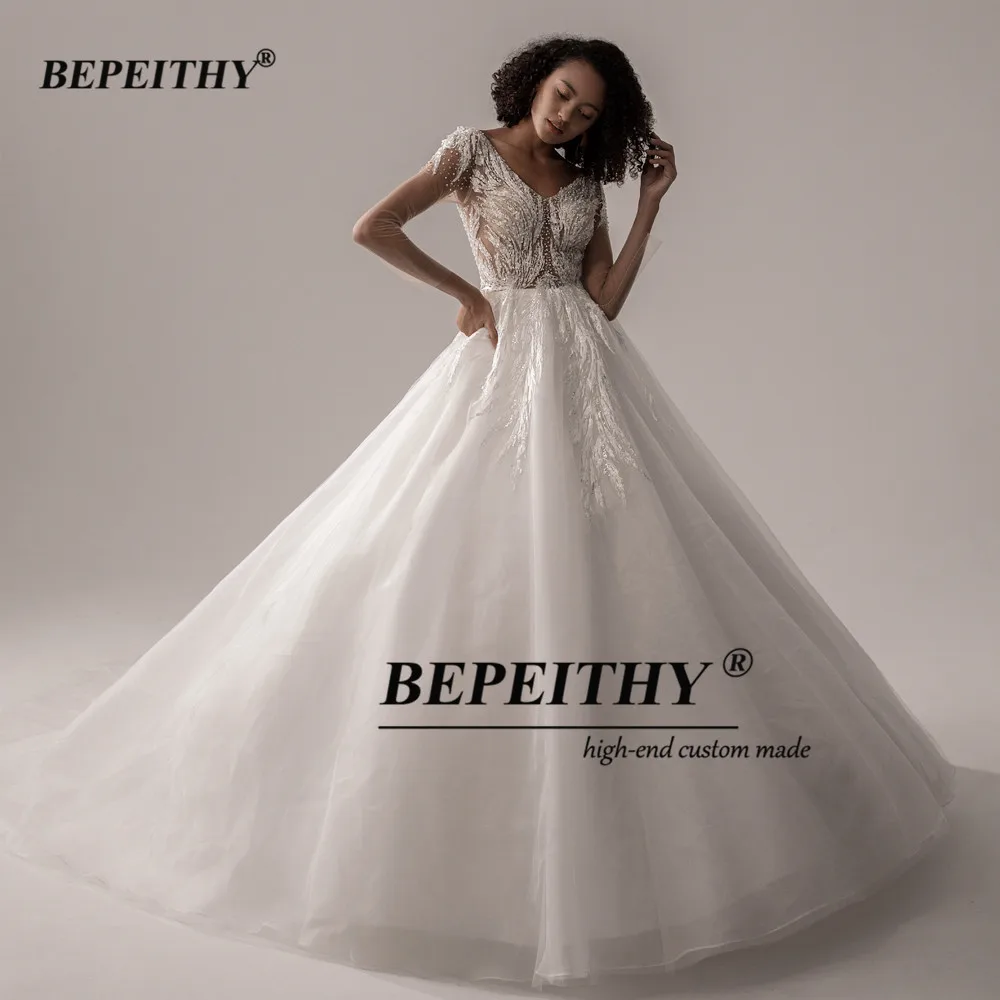 BEPEITHY-vestido de novia blanco con espalda descubierta para mujer, traje de novia de manga completa con cuello en V y cuentas transparentes, color marfil, 2023