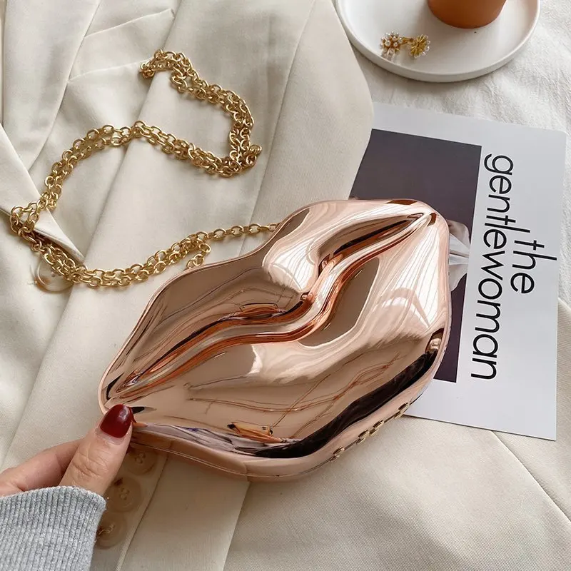 Women Gold Lips Clutch Bag High Quality Ladies Acrylic Chain Shoulder Bag Bolsa Evening Bag Lips Shape Purse