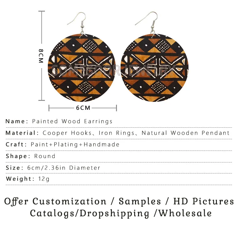 SOMESOOR African Traditional Fabric Style Wooden Drop Earrings Afrocentric Ethnic Bohemian Loops Dangle Jewelry For Women Gifts